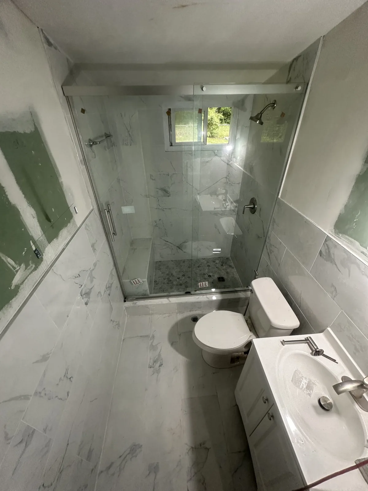 Master bath tile with marble and glass shower, Bloomfield Hills